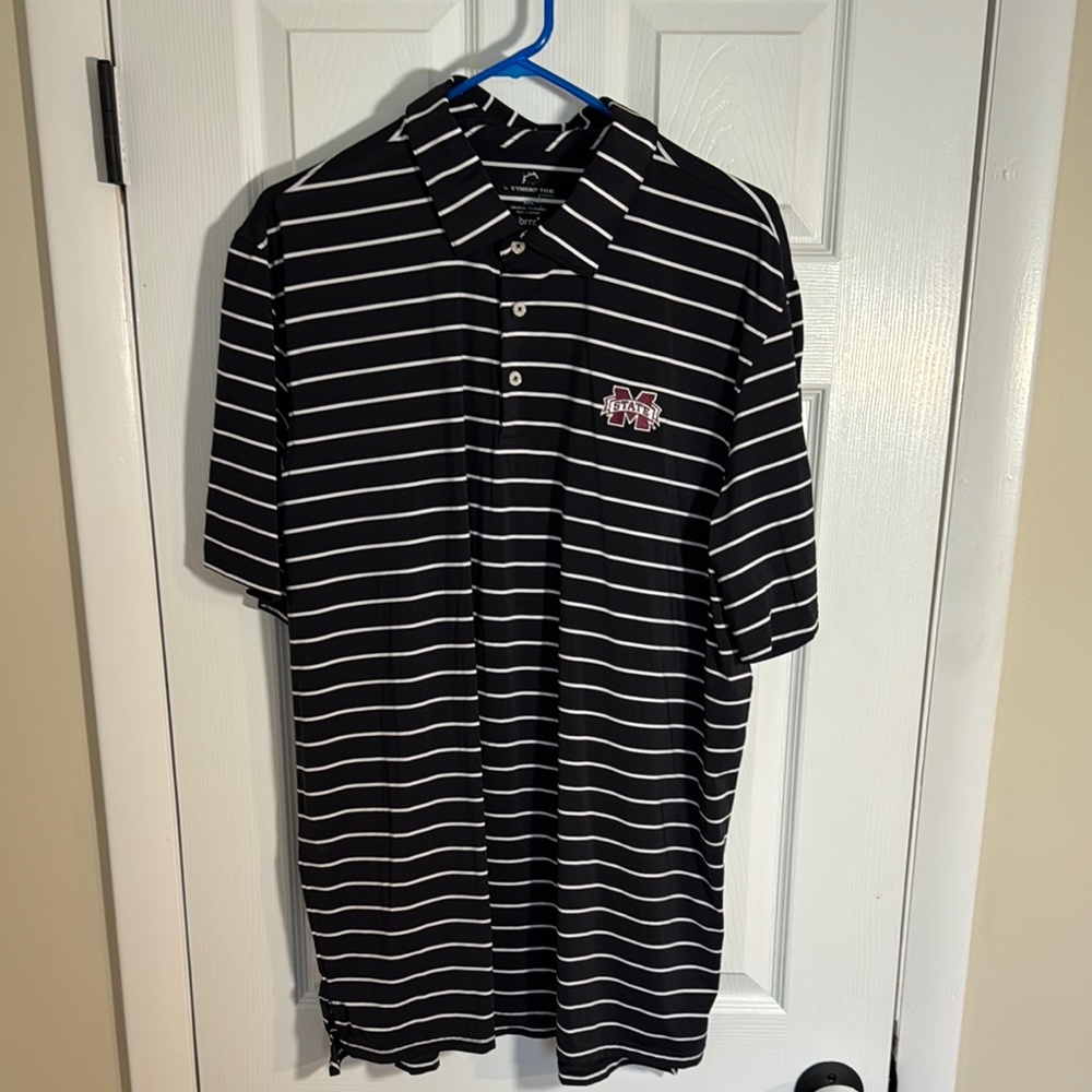 Southern Tide Mississippi State Black and White Striped Men's Polo Shirt